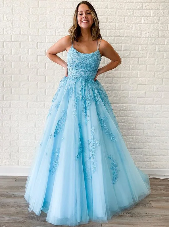 Spaghetti-straps Sky Blue Tulle Long Prom Dresses With Appliques PO164 Tulle Wedding Dress Spaghetti-straps Sky Blue Tulle Long Prom Dresses With Appliques PO164 Tulle Wedding Dress