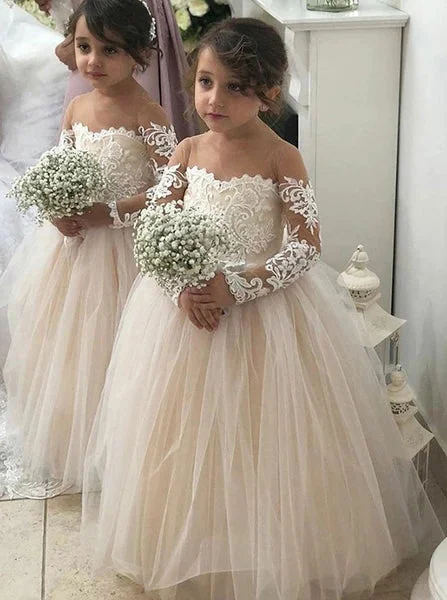 A Line Round Neck Long Sleeves Tulle Flower Girl Dress OF139 Pink Tulle Dress