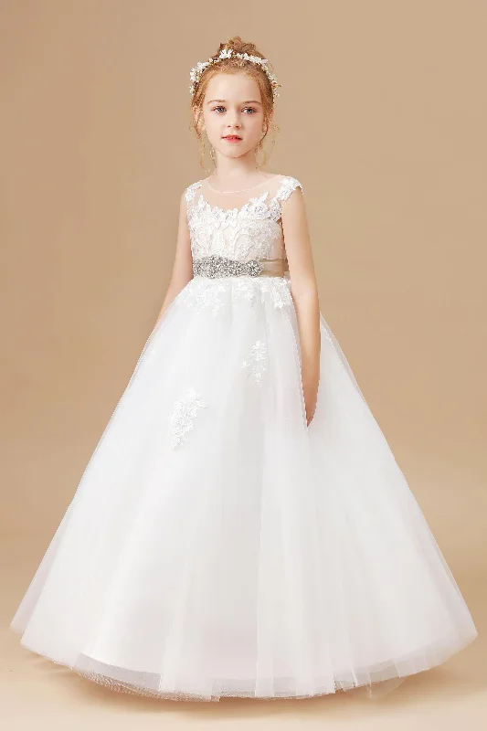 Champagne Bowknot Tulle Satin Ivory Sleeveless Flower Girl Dress Tulle Dress Set