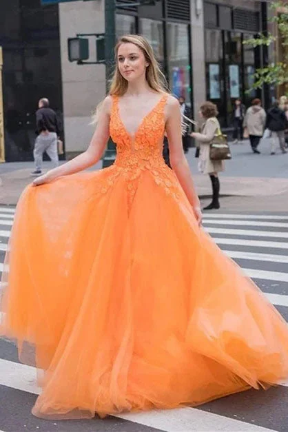 A Line Tulle Appliques Orange V Neck Prom Dress Classic Tulle Dress