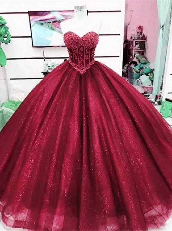 Tulle Burgundy Sparkle Sweetheart Prom Dress Ball Gown with Beaded Quinceanera Dress PO253 Party Tulle Dress Tulle Burgundy Sparkle Sweetheart Prom Dress Ball Gown with Beaded Quinceanera Dress PO253 Party Tulle Dress