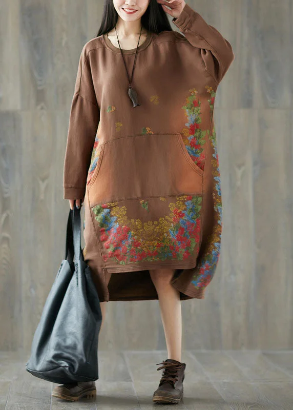 Chocolate Print Sweatshirt Streetwear Dresses pockets Spring Oversized Shirt Dress