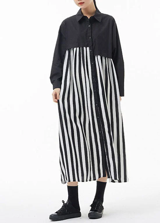 Fashion black white Striped Peter Pan Collar Patchwork shirt Dresses Spring Soft Cotton Shirt