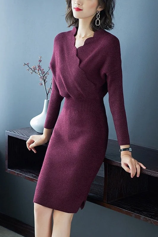 Scallop V Neck Sweater Dress Oversized Knit Dress