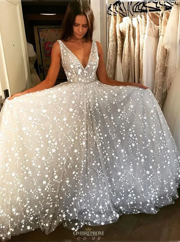 Stunning A-line Deep V-neck Tulle Starry Long Prom Dress Pink Tulle Dress