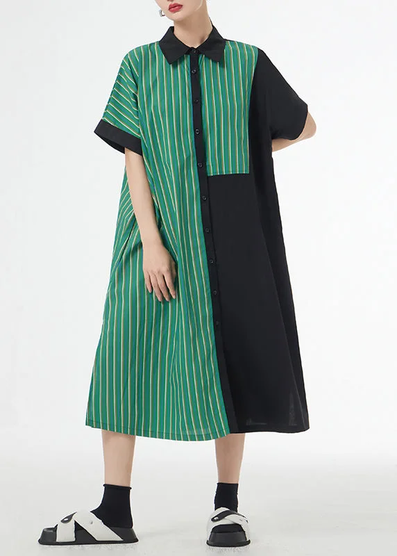 Unique Green Striped Asymmetrical Patchwork Cotton Shirt Dress Summer Tartan Shirt Gown Unique Green Striped Asymmetrical Patchwork Cotton Shirt Dress Summer Tartan Shirt Gown
