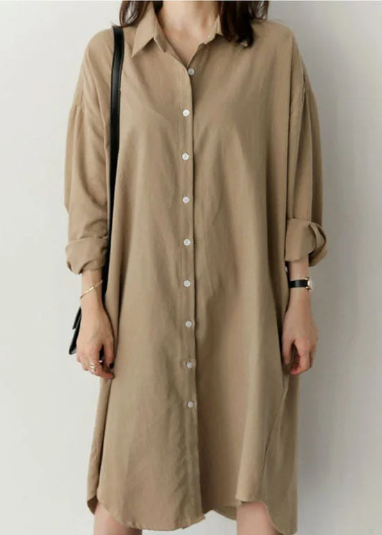 Loose Khaki Peter Pan Collar Button Cotton Top shirts Spring Feminine Shirt Dress