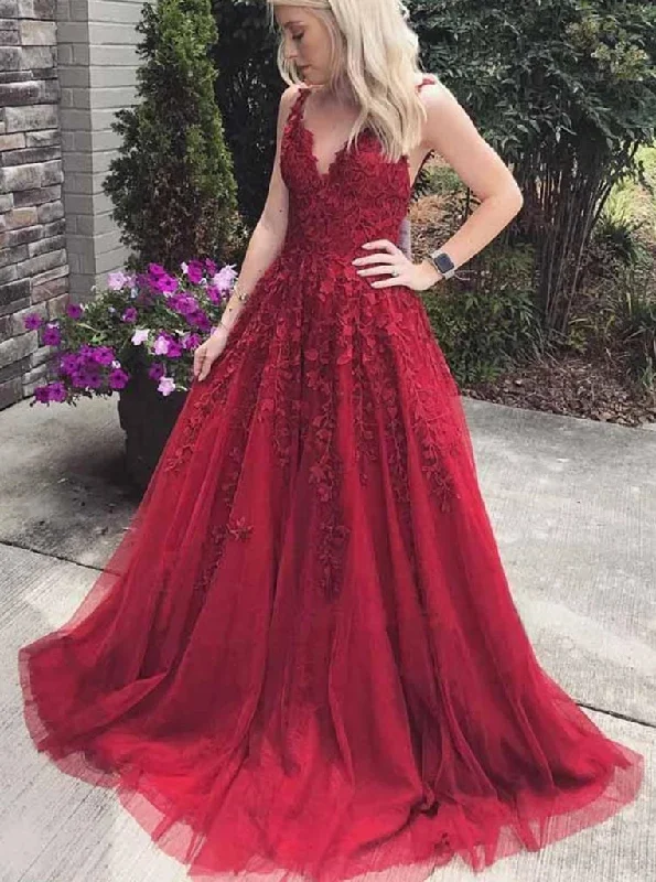 A Line V Neck Appliques Burgundy Prom Dresses, Tulle Long Evening Dress Stylish Tulle Dress A Line V Neck Appliques Burgundy Prom Dresses, Tulle Long Evening Dress Stylish Tulle Dress