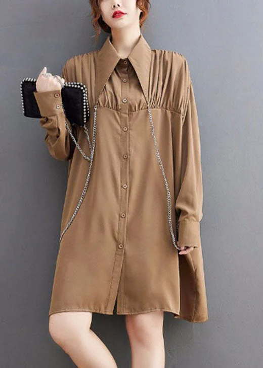 Khaki wrinkled Button Holiday Shirt Dress Long Sleeve Formal Shirt Dress