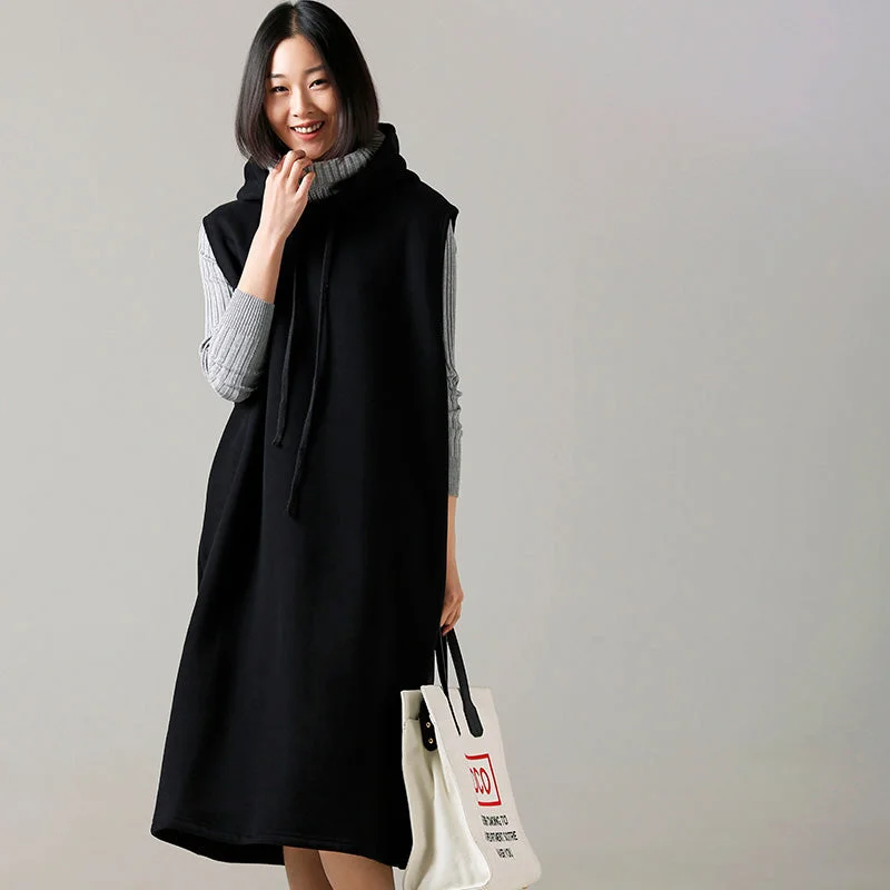 Women Sweater weather Refashion fall hooded black Big knitted tops sleeveless Loose Sweater Dress Women Sweater weather Refashion fall hooded black Big knitted tops sleeveless Loose Sweater Dress
