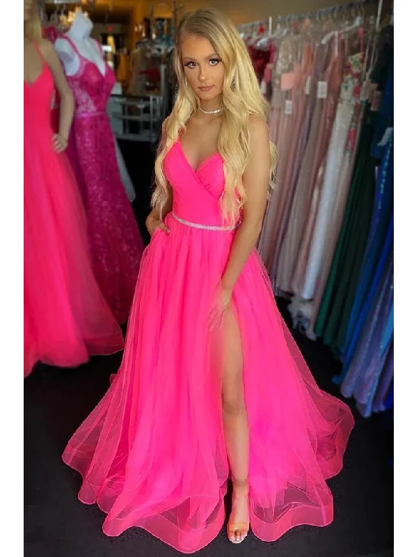 Fuchsia Backless Long Prom Dresses With Split Tulle Graduation Gown PO364 Full Tulle Dress Fuchsia Backless Long Prom Dresses With Split Tulle Graduation Gown PO364 Full Tulle Dress