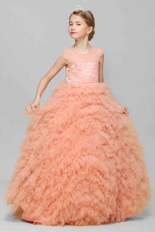 Beauty Princess Lace Cap Sleeves Tulle Flower Girl Gown Tulle Dress Puff