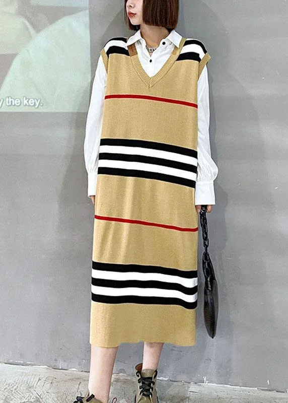 DIY Khaki V Neck Striped Fall Knit Sweater Dress Casual Winter Sweater