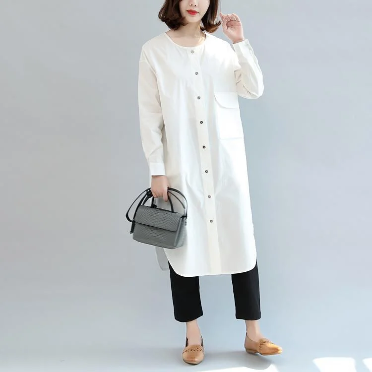 white baggy cotton dresses loose casual long sleeve shirt dress Lace Shirt Dress