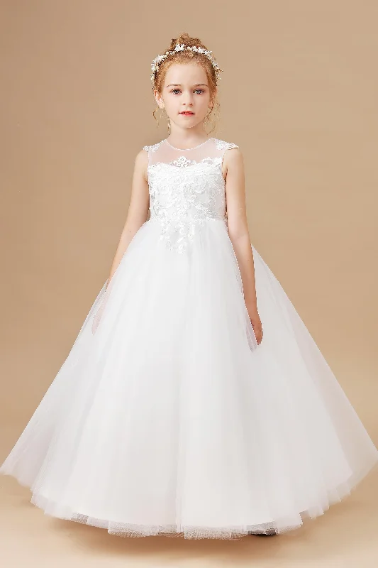 Round Neck Cute Ivory Tulle Long Flower Girl Dress With Lace Elegant Tulle Dress