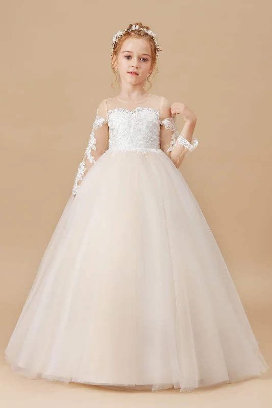 Floor-length Tulle Satin Long Sleeves Lace Flower Girl Dresses Tulle Evening Dress