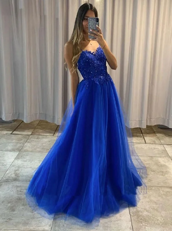 A-line Blue Spaghetti-Straps Tulle Lace Long Prom Dress Evening Dress Tulle Skirt Dress A-line Blue Spaghetti-Straps Tulle Lace Long Prom Dress Evening Dress Tulle Skirt Dress
