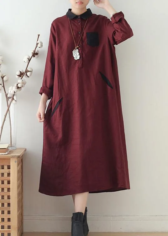 Wine Red Large Linen Long Shirt Dress Robe Light Shirt Dress