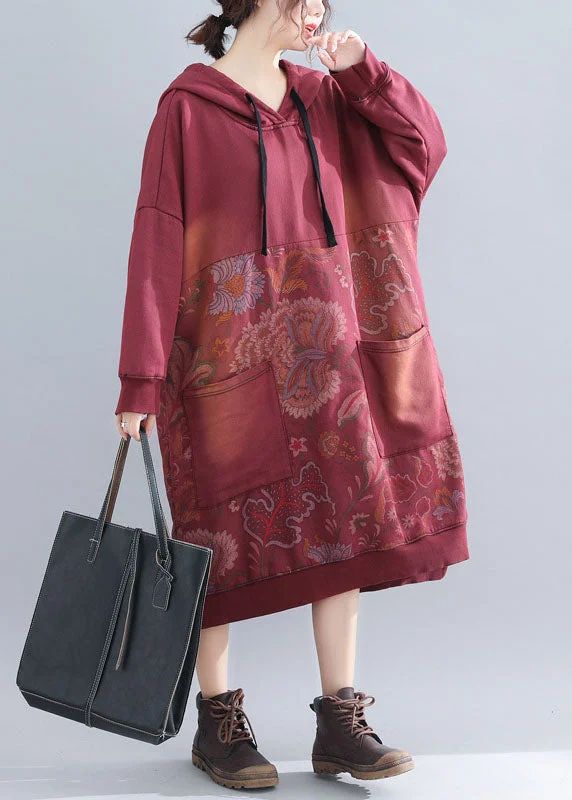 Classy Red print Patchwork Sweatshirts dresses Spring Summer Shirt Dress