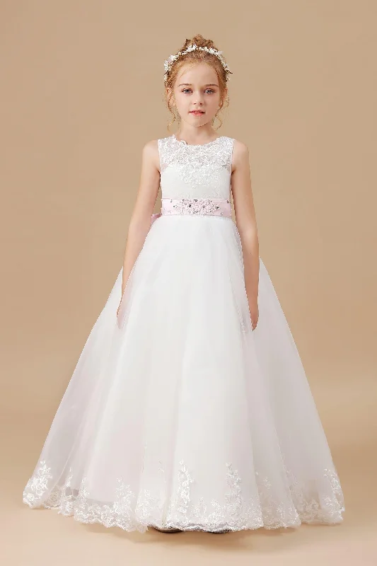 Floor-length Bowknot Tulle Satin Sleevelesss Lace Flower Girl Dresses Tulle Dress Dazzle Floor-length Bowknot Tulle Satin Sleevelesss Lace Flower Girl Dresses Tulle Dress Dazzle