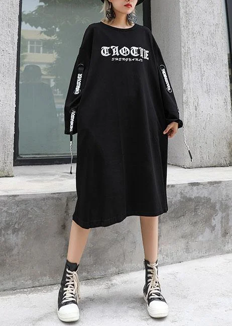 Loose o neck Cotton dresses Shirts black print Dresses Satin Shirt Dress