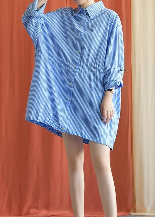 Simple blue Cotton dresses drawstring Knee fall Shirt Dresses Trendy Shirt Dress