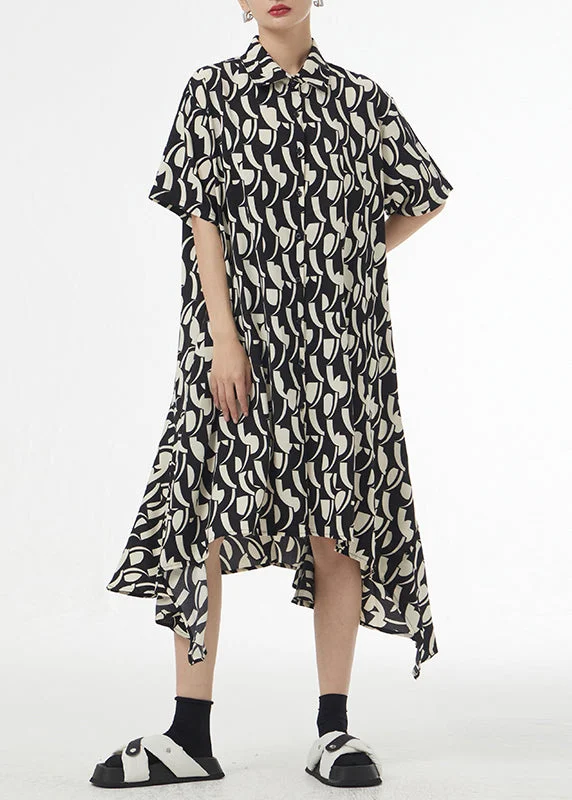 French Black Asymmetrical Print Patchwork Silk Cotton Shirts Dress Summer Oversized Shirt Dress French Black Asymmetrical Print Patchwork Silk Cotton Shirts Dress Summer Oversized Shirt Dress