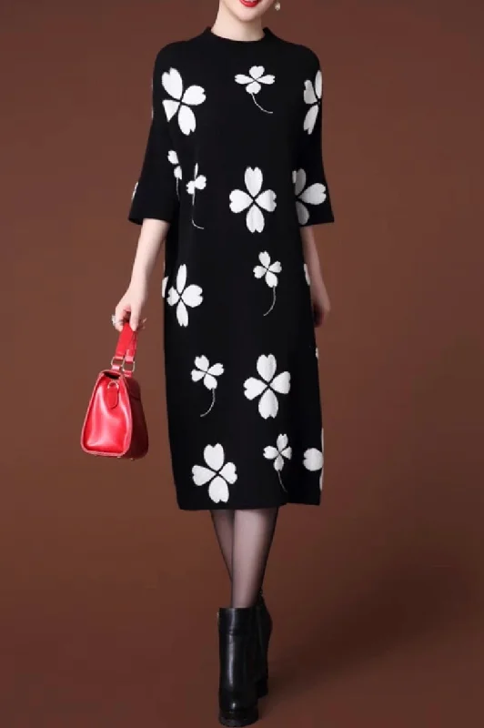 Cute Flower Oversized Sweater Dress Knitted Sweater Dress