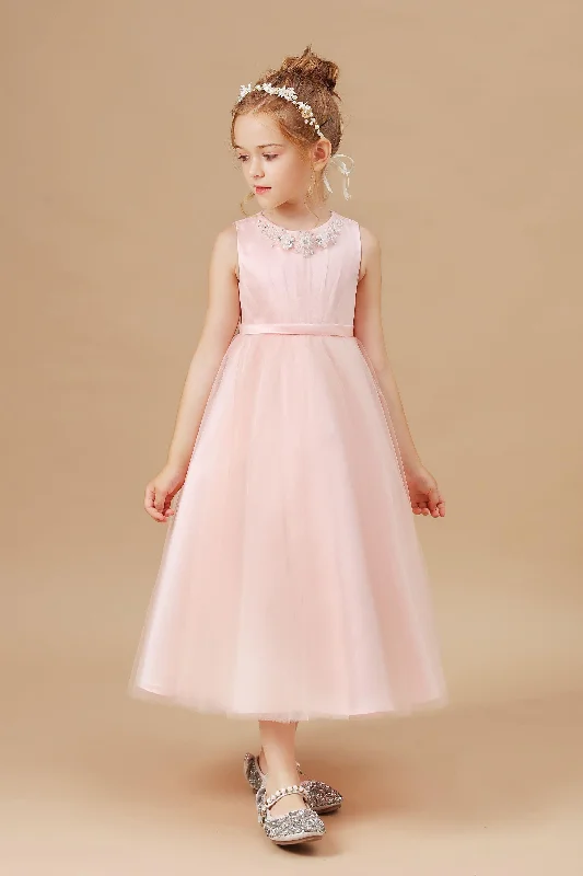 Tulle Crepe Applique Satin Flower Girl Dress With Bowknot Soft Layered Tulle