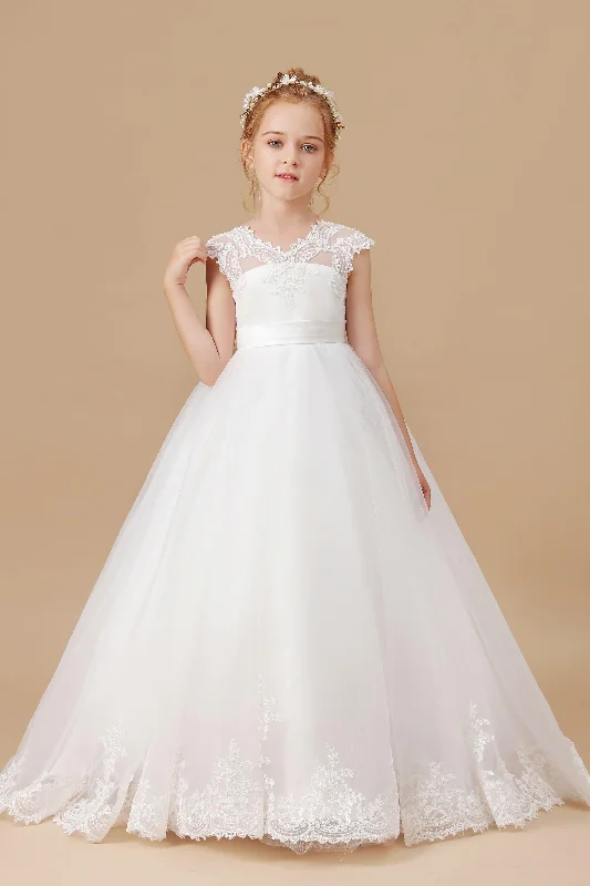 Tulle Satin Ivory V-neck Lace Floor-length Flower Girl Dress Romantic Tulle Dress