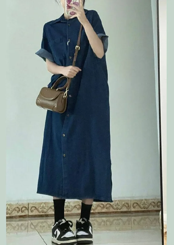 Stylish Navy Peter Pan Collar Patchwork Denim Shirts Dress Summer Long Shirt Dress