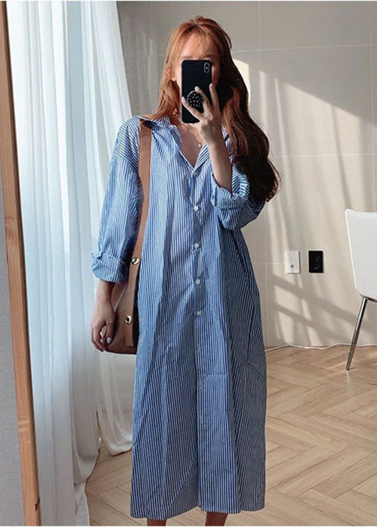 Blue Cotton Button Striped Shirt Dresses Spring Wrap Shirt Dress