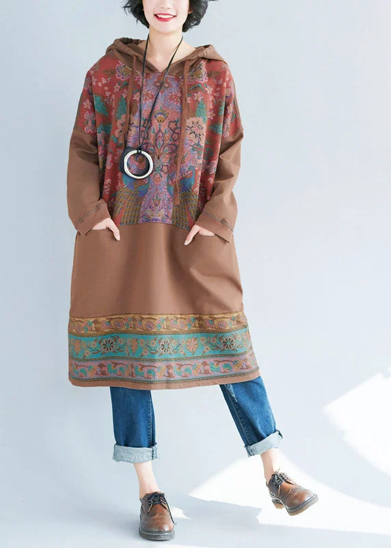 Chocolate Sweatshirts dresses drawstring pockets Spring Casual Button Shirt