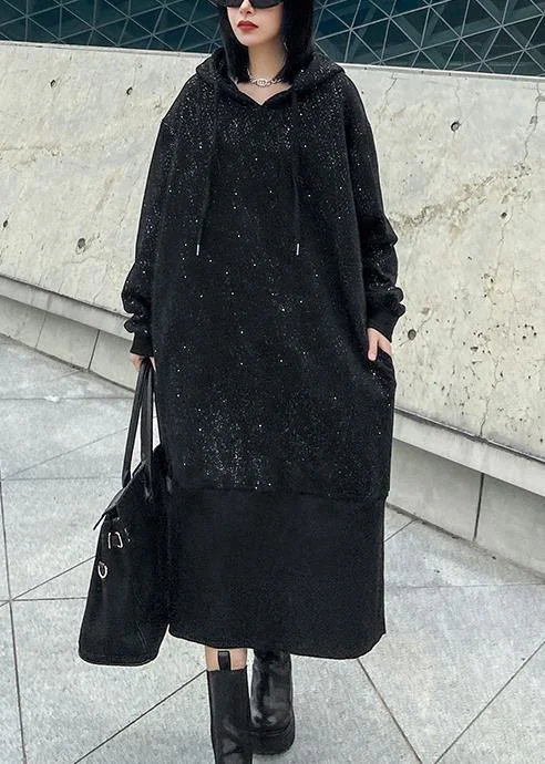 Sweater women's autumn winter loose hooded Plush shiny black dress Chic Knit Dress