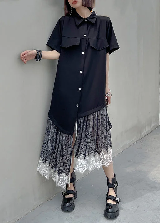 New Black Asymmetrical Button Lace Patchwork Shirts Long Dresses Summer Ruffled Shirt Dress New Black Asymmetrical Button Lace Patchwork Shirts Long Dresses Summer Ruffled Shirt Dress