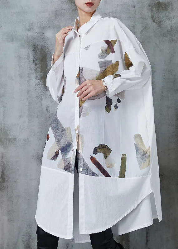 Boho White Print Patchwork Cotton Long Shirts Summer Casual Shirt Dress