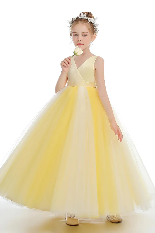 Yellow Sleeveless V Neck Tulle Flower Girl Dress Tulle Dress Color