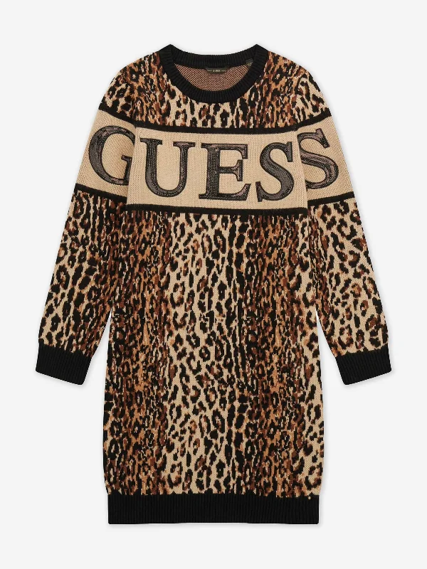 Guess Girls Leopard Print Sweater Dress in Brown Long Sleeve Sweater