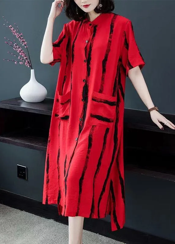Loose Red Striped Button Patchwork Cotton Shirts Dress Summer Sexy Shirt Dress