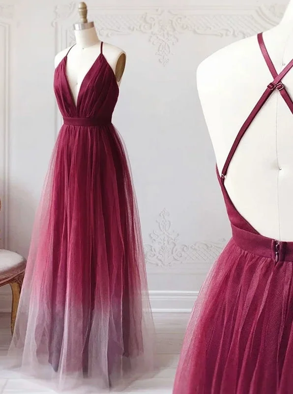 Burgundy V-neck Tulle Ombre Long Prom Dresses Backless Evening Dress PO263 Elegant Tulle Gown Burgundy V-neck Tulle Ombre Long Prom Dresses Backless Evening Dress PO263 Elegant Tulle Gown