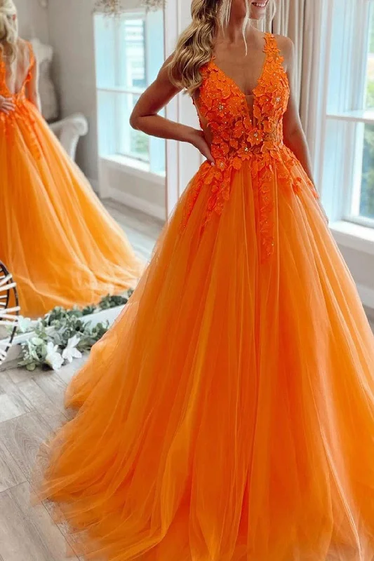 A-line V Neck Tulle Prom Dress With Appliqued Beading Casual Tulle Dress