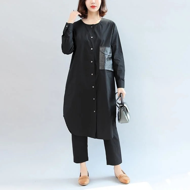 black pockets patchwork cotton blouse oversize o neck shirt dress Shirt Dress Casual black pockets patchwork cotton blouse oversize o neck shirt dress Shirt Dress Casual