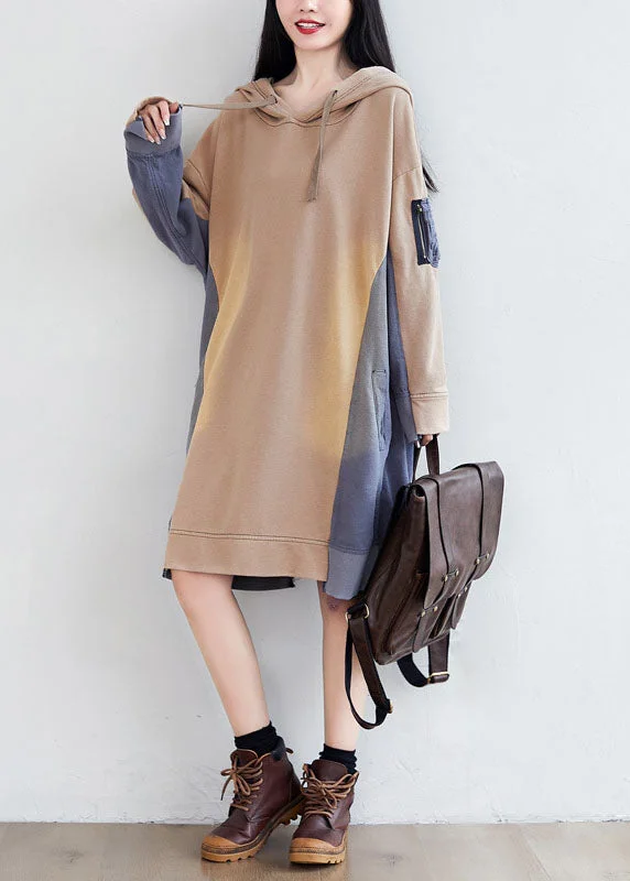 Loose Khaki hooded Asymmetrical Pockets Patchwork Sweatshirts dresses Spring Trendy Shirt Dress Loose Khaki hooded Asymmetrical Pockets Patchwork Sweatshirts dresses Spring Trendy Shirt Dress