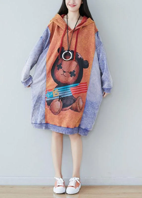 Style Orange Hooded Print Drawstring Fall Sweatshirts Dress Day Shirt Dress