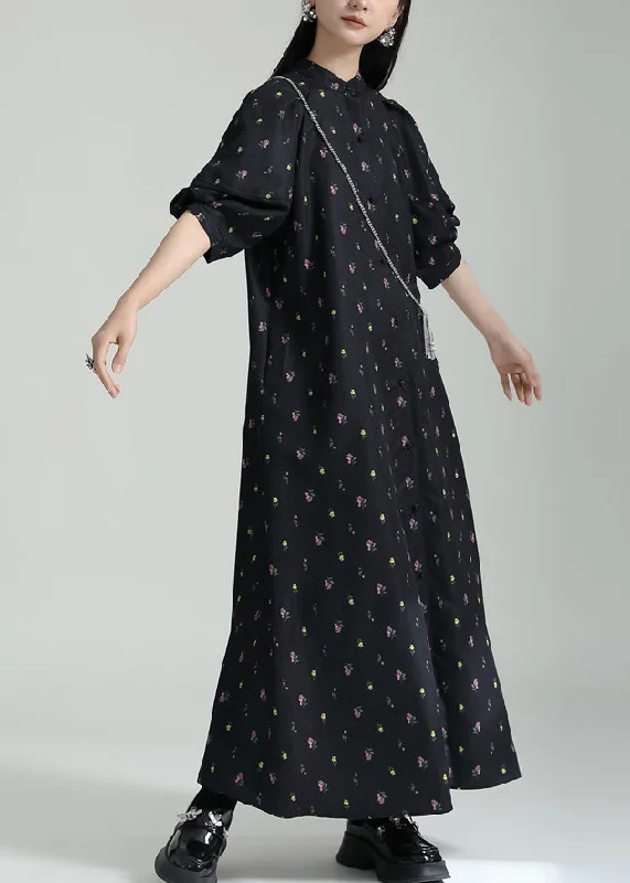 French Black Stand Collar Print Chiffon Shirts Long Dress Summer Polka Dot Shirt
