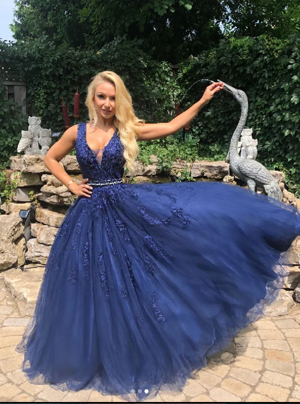 Blue V Neck Tulle Lace Long Prom Dress, Blue Bridesmaid Dress Sweet Tulle Dress