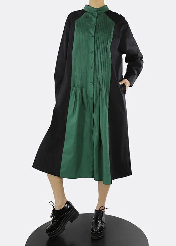 Classy Green Stand Collar button Patchwork shirt Dresses Spring Stylish Shirt Dress