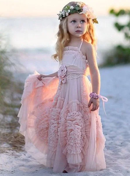 Chic Flower Girl Dress Halter Blush Tulle With Ruffles Flowers OF101 Ruffled Tulle Dress Chic Flower Girl Dress Halter Blush Tulle With Ruffles Flowers OF101 Ruffled Tulle Dress