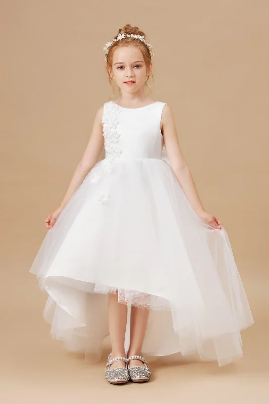 Applique Chic High Low Sleeveless Tulle Stain Flower Girl Dress With Bownet Floor-length Tulle Dress Applique Chic High Low Sleeveless Tulle Stain Flower Girl Dress With Bownet Floor-length Tulle Dress