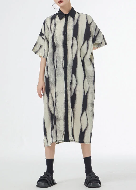 Loose Black Striped Print Patchwork Cotton Shirts Dress Summer Pleated Shirt Dress
